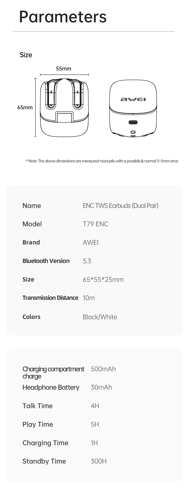 AWEI T79 ENC, coppie di cuffie Bluetooth con cancellazione del rumore