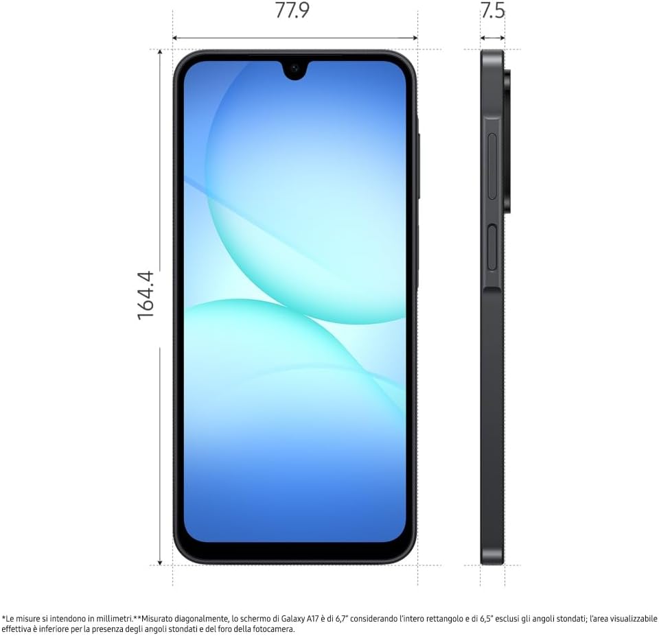Samsung Galaxy A17,  Android 15, Display Super AMOLED 6.7", 4GB RAM, 128GB, Batteria 5.000 mAh, Resistenza IP54, Memoria espandibile, Black